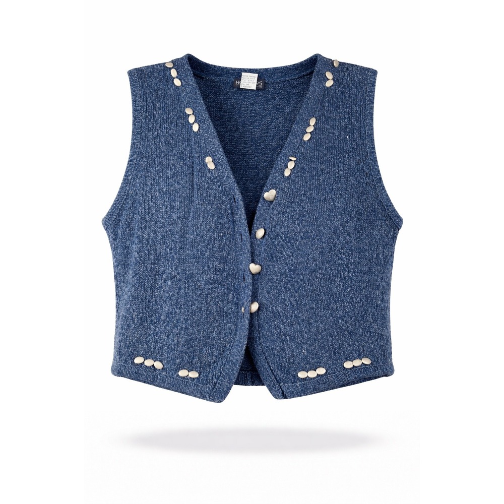 Honors Vintage Blue Knit Studded Vest Womens Medium Ramie Cotton Heart‎ Buttons
